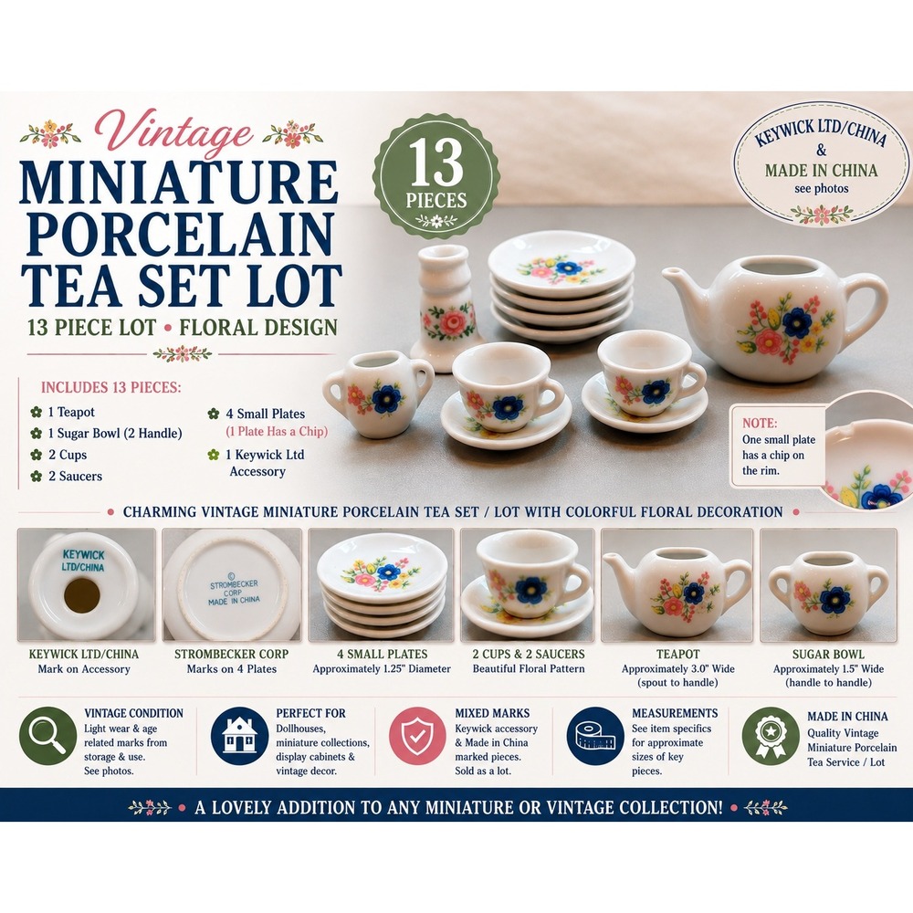 Vintage Miniature Porcelain Tea Set 13pc Floral Strombecker Keywick Dollhouse
